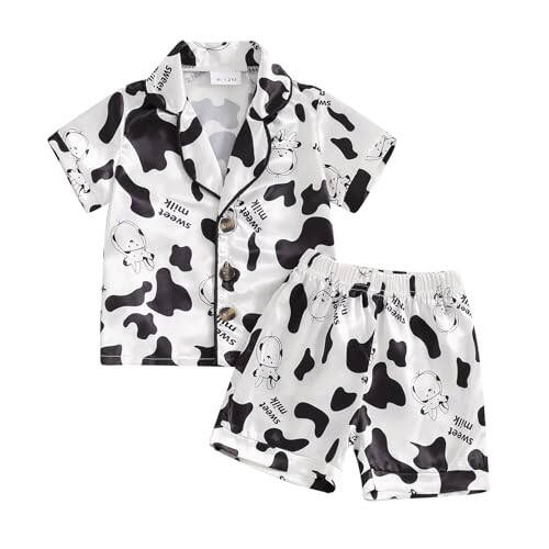 MAINESAKA Kids Baby Girl Boy Satin Pajamas Set Short sleeve Button Down Shirt And Shorts Pjs Summer Sleepwear Nightwear - 43