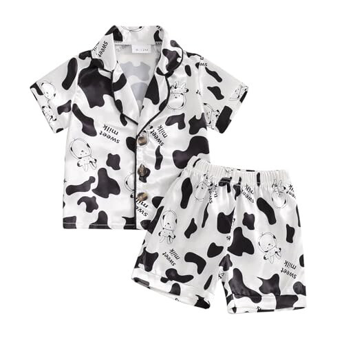 MAINESAKA Kids Baby Girl Boy Satin Pajamas Set Short sleeve Button Down Shirt And Shorts Pjs Summer Sleepwear Nightwear - 29