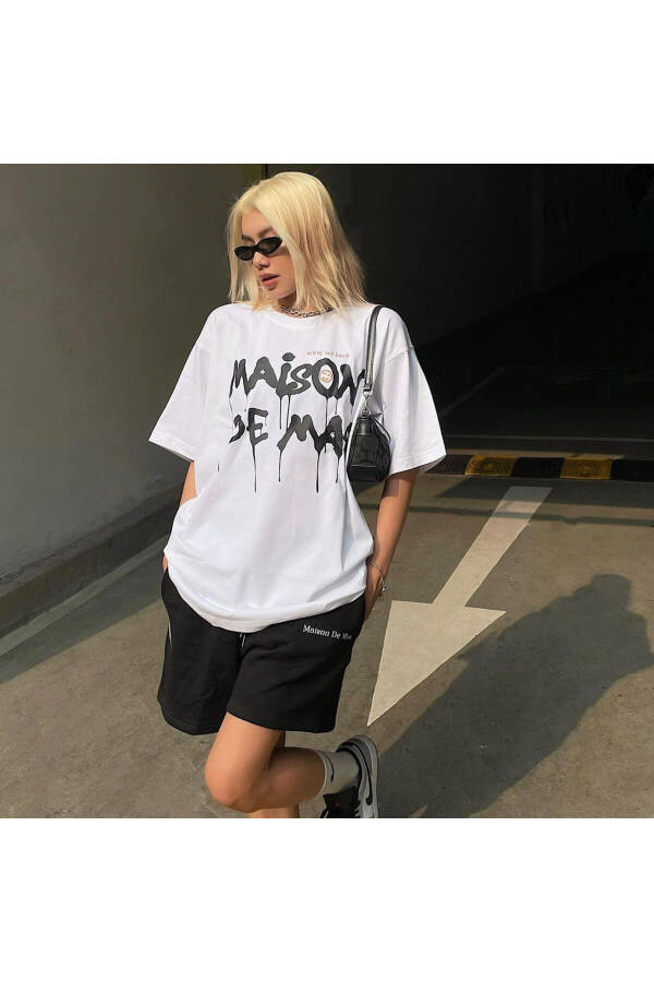 Maison Design T-Shirt Shorts Combo Set - White Black Printed Oversize Crew Neck - 1