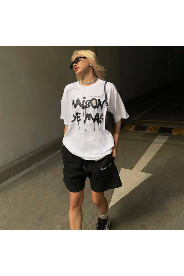 Maison Design T-Shirt Shorts Combo Set - White Black Printed Oversize Crew Neck - 2