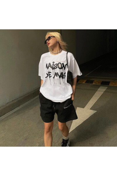 Maison Tasarım T-Shirt Şort Kombin Takım - Beyaz Siyah Baskılı Oversize Bisiklet Yaka - 2