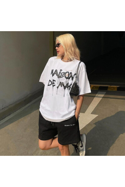 Maison Tasarım T-Shirt Şort Kombin Takım - Beyaz Siyah Baskılı Oversize Bisiklet Yaka - 3