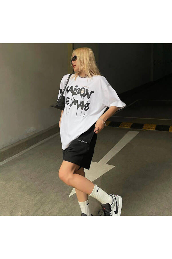 Maison Tasarım T-Shirt Şort Kombin Takım - Beyaz Siyah Baskılı Oversize Bisiklet Yaka - 4