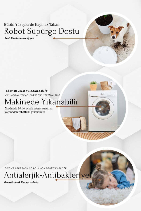 Makinede Yıkanabilir Kaymaz Taban Leke Tutmaz Bej Çizgili Salon Halısı Mutfak Halısı ve Yolluk - 3