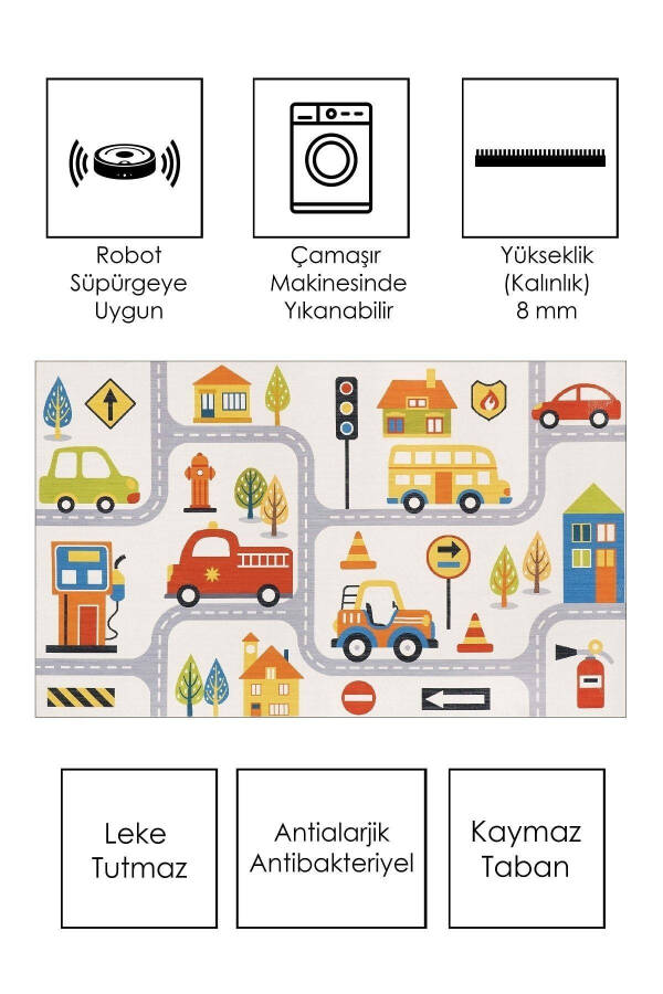 Makinede Yıkanabilir Kaymaz Taban Leke Tutmaz Yol Desenli Halı Bebek Ve Çocuk Halısı Oyun Matı - 2