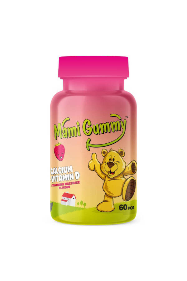 Mamigummy Kids Gummies, 60 ta qulupnay lazzatli, chaynaladigan jelatinli konfetlar, D vitamini va kaltsiy tarkibidagi. - 1