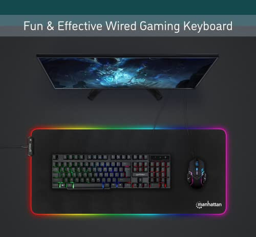 MANHATTAN Wired Membrane Gaming Keyboard – with Backlit RGB LED, USB-A Connection, Quiet Keystrokes, 12 Multimedia Function Keys - for Computer, PC, Desktop, Gamer – 3 Yr Mfg Warranty - 180603 - 2