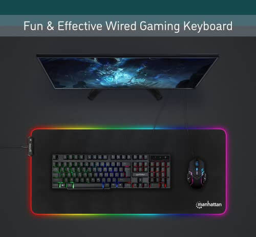 MANHATTAN Wired Membrane Gaming Keyboard – with Backlit RGB LED, USB-A Connection, Quiet Keystrokes, 12 Multimedia Function Keys - for Computer, PC, Desktop, Gamer – 3 Yr Mfg Warranty - 180603 - 2