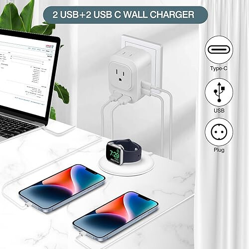 Mapambo 220V - 110V Voltaj Dönüştürücü ABD'den Avrupa'ya, Avrupa Evrensel Seyahat Priz Adaptörü Dönüştürücü 2 USB Portlu 2 USB C, Güç Dönüştürücü ve Adaptör Avrupa Seyahati İçin (Beyaz) - 12