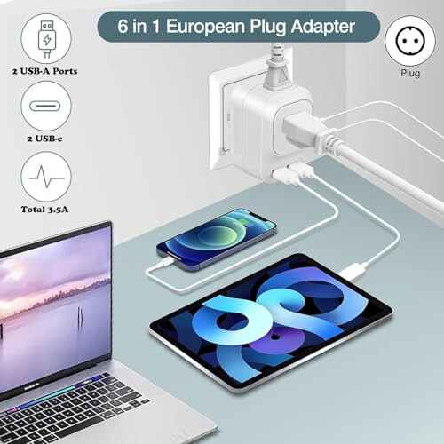 Mapambo 220V - 110V Voltaj Dönüştürücü ABD'den Avrupa'ya, Avrupa Evrensel Seyahat Priz Adaptörü Dönüştürücü 2 USB Portlu 2 USB C, Güç Dönüştürücü ve Adaptör Avrupa Seyahati İçin (Beyaz) - 4