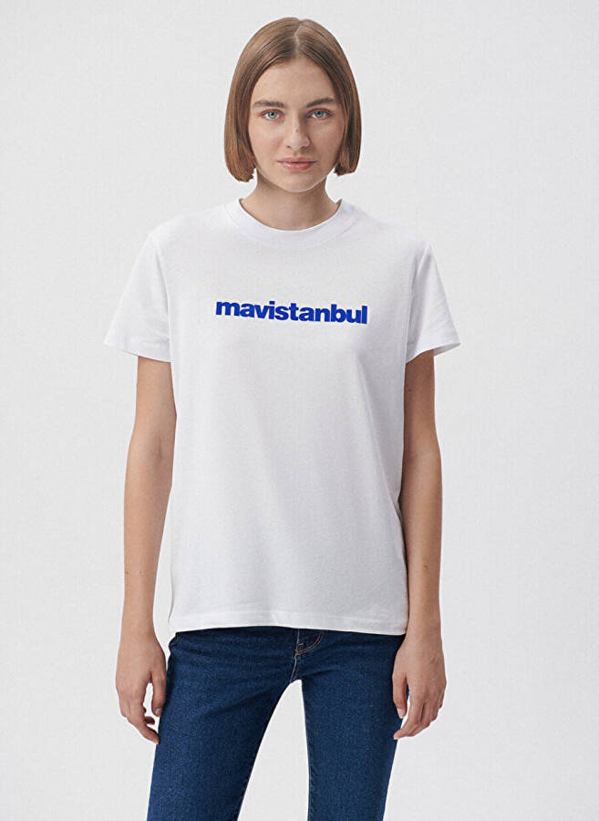 Mavi Bisiklet Yaka Beyaz Kadın T-Shirt M1612108-620 MAVİSTANBUL BASKILI Tİ - 3