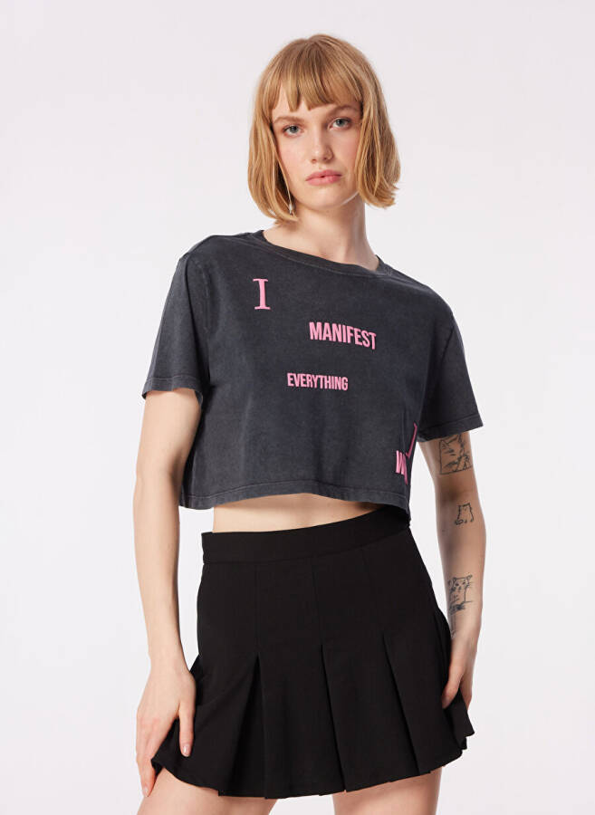 Mavi Bisiklet Yaka Gri Kadın T-Shirt M1612500-70087-GRAFİK BASKILI CROP - 2