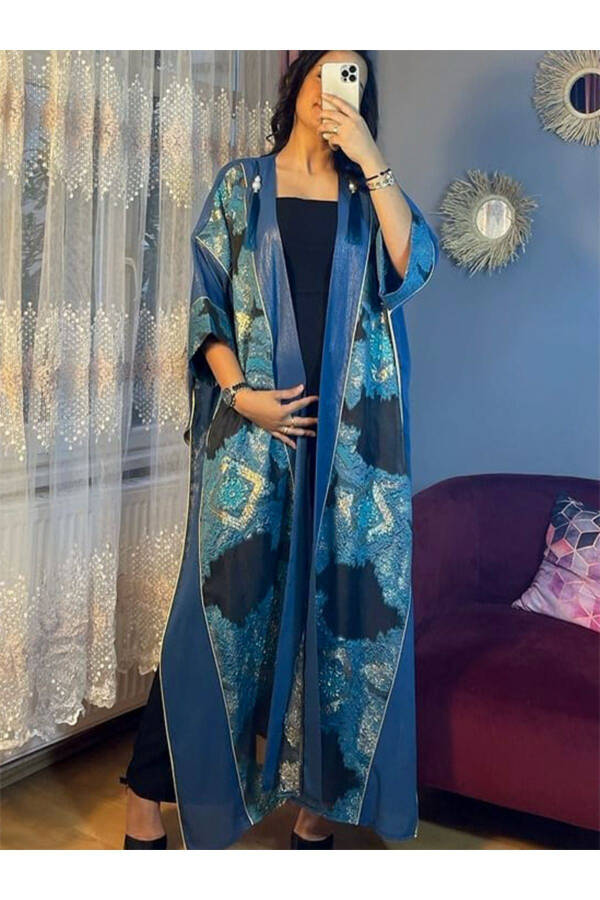 Mavi Kaftan Abaya Takımı Kaftan İslam Ferace, Bisht 38-46 Bedene Uygundur Büyük Beden Giysi - 5