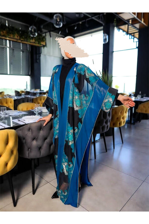 Mavi Kaftan Abaya Takımı Kaftan İslam Ferace, Bisht 38-46 Bedene Uygundur Büyük Beden Giysi - 6