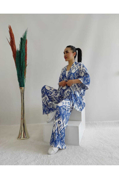 Mavi Renk Moda Desenli İkili Kimono Takım (Rahat Kalıp) - 15