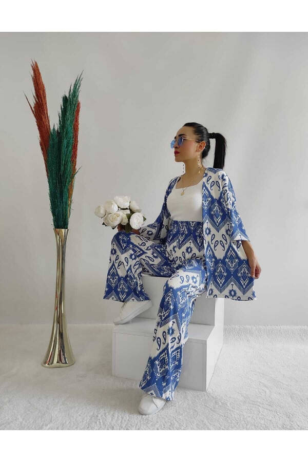 Mavi Renk Moda Desenli İkili Kimono Takım (Rahat Kalıp) - 19