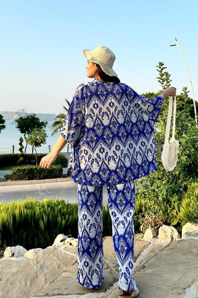 Mavi Renk Moda Desenli İkili Kimono Takım (Rahat Kalıp) - 12