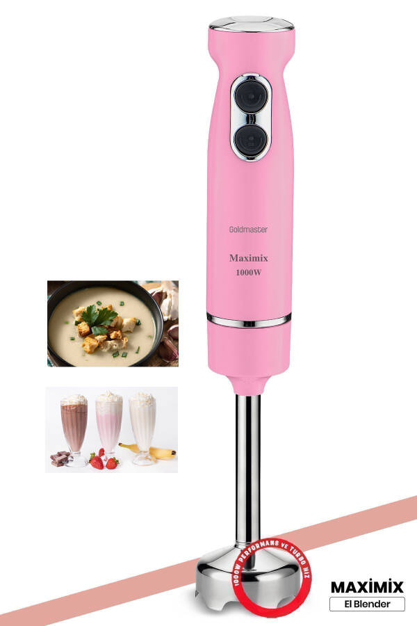 Maximix Pink 1000 Watt 4 Blade Stainless Steel Turbo Speed Adjustable Hand Blender - 25