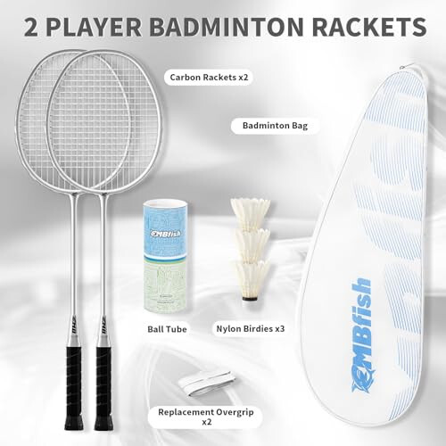 MBFISH Badminton Racket Set with 2 Carbon Fiber Rackets, 3 Shuttlecocks, 2 Replacement Racket Grip Tapes and 1 Badminton Bag - Perfect for Beginners & Outdoor Games - 4