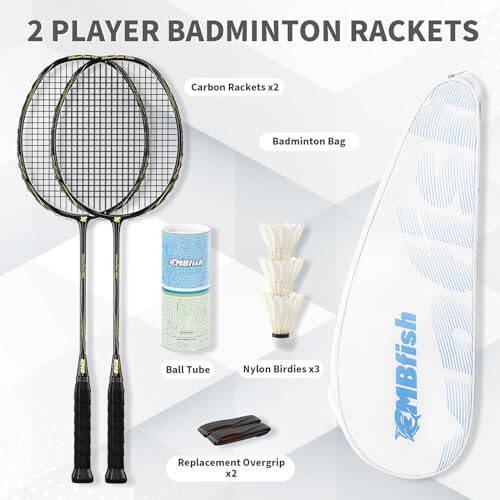 MBFISH Badminton Racket Set with 2 Carbon Fiber Rackets, 3 Shuttlecocks, 2 Replacement Racket Grip Tapes and 1 Badminton Bag - Perfect for Beginners & Outdoor Games - 2