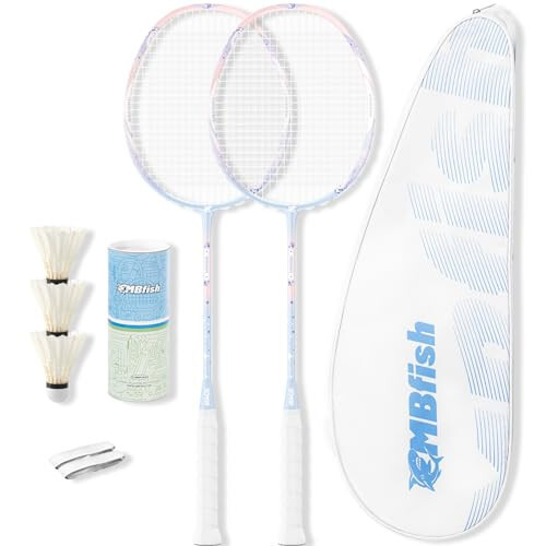 MBFISH Badminton Raketi Seti, 2 Karbon Fiber Rakete, 3 Voleybolu, 2 Değiştirilebilir Raketi Sapı Bandı ve 1 Badminton Çantası - Yeni Başlayanlar ve Açık Hava Oyunları İçin Mükemmel - 1