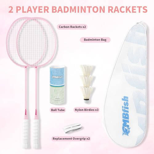 MBFISH Badminton Raketi Seti, 2 Karbon Fiber Raketi, 3 Çift Kişilik Top, 2 Yedek Raketi Sapı Bandı ve 1 Badminton Çantası İçerir - Yeni Başlayanlar ve Açık Hava Oyunları İçin Mükemmel - 2