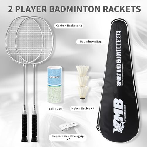 MBFISH Badminton Raketi Seti, 2 Karbon Fiber Raketi, 3 Çift Oyun Topu, 2 Yedek Raketi Sap Bandı ve 1 Badminton Çantası - Başlangıç Seviyesi ve Açık Hava Oyunları İçin Mükemmel - 2