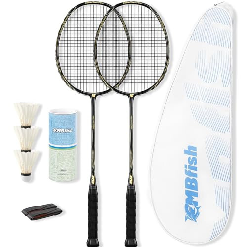 MBFISH Badminton Raketi Seti, 2 Karbon Fiber Raketi, 3 Voleybol Topu, 2 Yedek Raketi Sapı Bandı ve 1 Badminton Çantası - Yeni Başlayanlar ve Açık Hava Oyunları İçin Mükemmel - 1