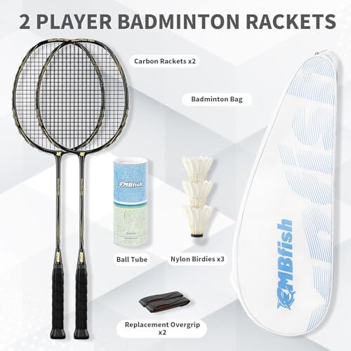 MBFISH Badminton Raketi Seti, 2 Karbon Fiber Raketi, 3 Voleybol Topu, 2 Yedek Raketi Sapı Bandı ve 1 Badminton Çantası - Yeni Başlayanlar ve Açık Hava Oyunları İçin Mükemmel - 2