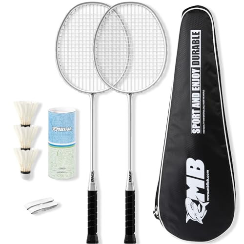 MBFISH Badminton Raketka To'plami, 2 ta Karbon Tolali Raketka, 3 ta To'p, 2 ta Zaxira Raketka Tutqichi Lentalari va 1 ta Badminton Sumkasi - Boshlang'ich Uchun va Tashqi O'yinlar Uchun Ideal - 1