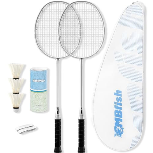 MBFISH Badminton Raketka To'plami, 2 ta Karbon Tolali Raketka, 3 ta To'p, 2 ta Zaxira Raketka Tutqichi Lentalari va 1 ta Badminton Sumkasi - Boshlang'ich Uchun va Tashqi O'yinlar Uchun Ideal - 3