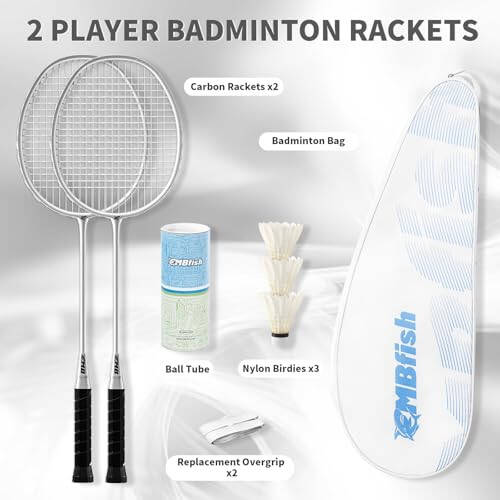 MBFISH Badminton Raketka To'plami, 2 ta Karbon Tolali Raketka, 3 ta To'p, 2 ta Zaxira Raketka Tutqichi Lentalari va 1 ta Badminton Sumkasi - Boshlang'ich Uchun va Tashqi O'yinlar Uchun Ideal - 4