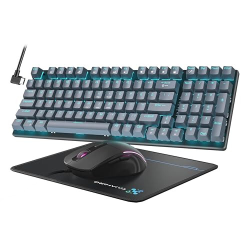 Mekanik Oyun Klavyesi ve Faresi, 98 Tuşlu LED Aralı Klavye Yüzen Tuşlarla, Ergonomik RGB Oyun Faresi ve Mouse Pad Kombosu, Tam Anti-Ghost Kablolu Klavye PC Laptop Oyuncusu için, Gri - 1