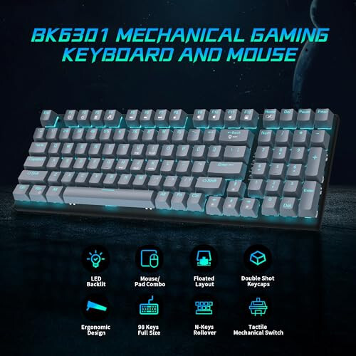 Mekanik Oyun Klavyesi ve Faresi, 98 Tuşlu LED Aralı Klavye Yüzen Tuşlarla, Ergonomik RGB Oyun Faresi ve Mouse Pad Kombosu, Tam Anti-Ghost Kablolu Klavye PC Laptop Oyuncusu için, Gri - 2