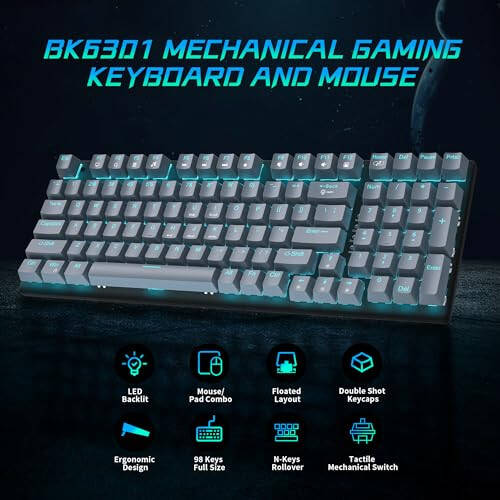 Mekanik Oyun Klavyesi ve Faresi, 98 Tuşlu LED Aralı Klavye Yüzen Tuşlarla, Ergonomik RGB Oyun Faresi ve Mouse Pad Kombosu, Tam Anti-Ghost Kablolu Klavye PC Laptop Oyuncusu için, Gri - 2