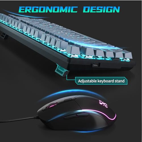 Mekanik Oyun Klavyesi ve Faresi, 98 Tuşlu LED Aralı Klavye Yüzen Tuşlarla, Ergonomik RGB Oyun Faresi ve Mouse Pad Kombosu, Tam Anti-Ghost Kablolu Klavye PC Laptop Oyuncusu için, Gri - 5