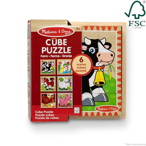 Melissa & Doug Çiftlik Ahşap Küp Bulmaca Saklama Tepsisiyle - 6 Bulmaca 1'de (16 Parça) - FSC Sertifikalı - 36