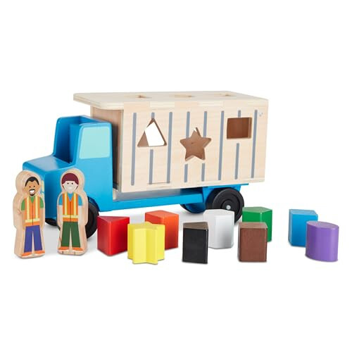 Melissa & Doug Деревянный самосвал для сортировки форм с 9 цветными формами и 2 фигурками для игры, деревянные игрушки для транспортных средств, игрушки для сортировки форм для малышей от 2 лет - 22