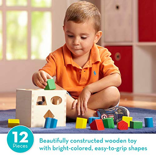 Melissa & Doug Shape Sorting Cube - Classic Wooden Toy With 12 Shapes - 20