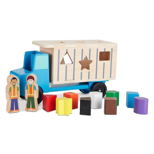 Melissa & Doug Shape-Sorting Wooden Dump Truck Toy With 9 Colorful Shapes and 2 Play Figures Wooden Vehicle Toys, Shape Sorter Toys For Toddlers Ages 2+ - 4