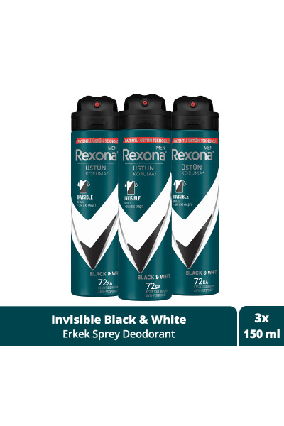 Men Erkek Sprey Deodorant Görünmez Siyah & Beyaz 72 Saat Kesintisiz Üstün Koruma 150 ml X3 - 25