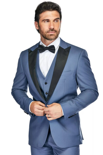 Men's 3 Piece Birdseye Peak Lapel Tuxedo Set Slate blue - 4