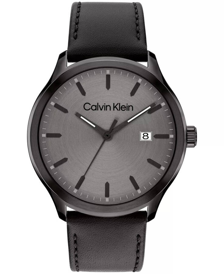 Men's 3H Quartz Black Leather Strap Watch 43mm Black - 1