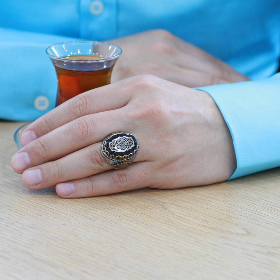 Men's 925 Sterling Silver Ring with Engraved Name Letter, Solomon's Seal and Prayer on Compressed Amber - 7