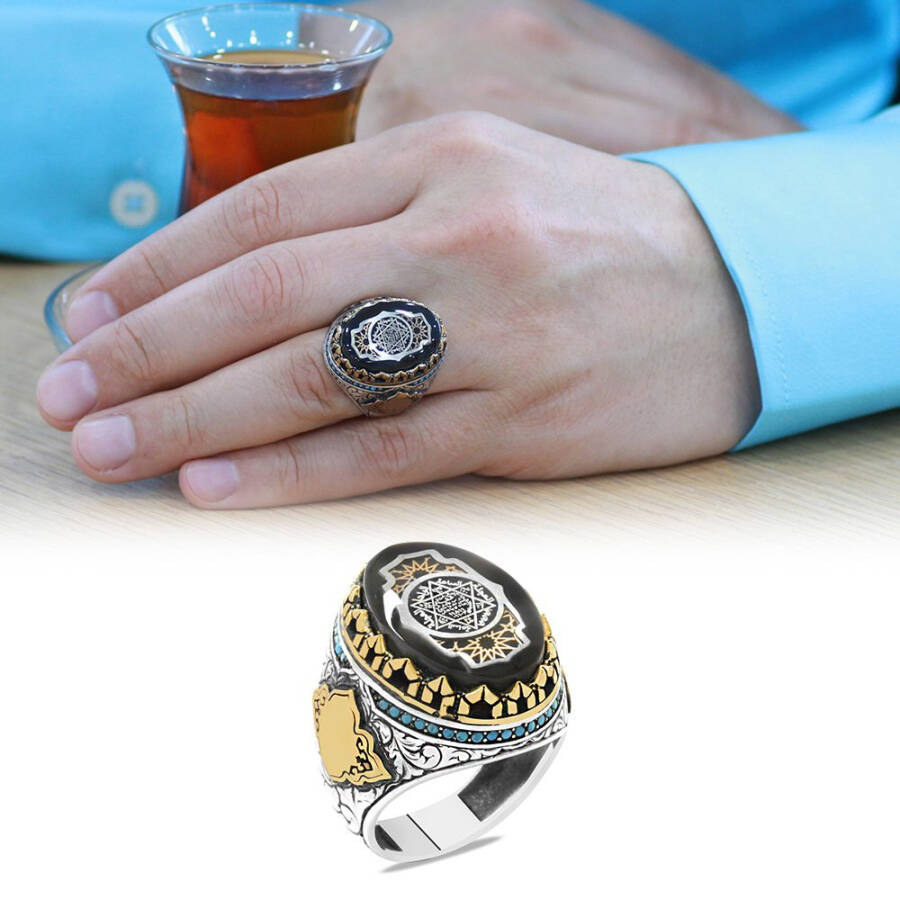 Men's 925 Sterling Silver Ring with Engraved Name Letter, Solomon's Seal and Prayer on Compressed Amber - 8