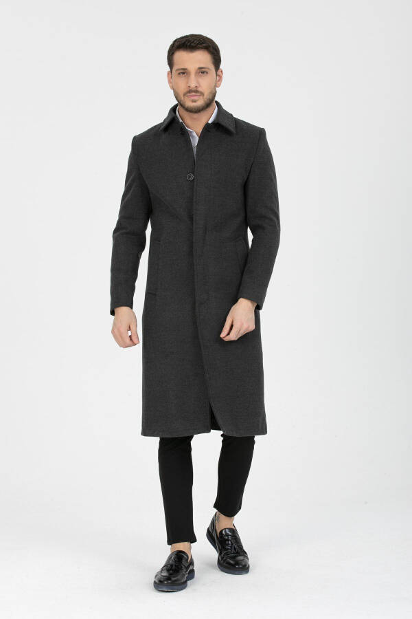 Men's Anthracite Slim Fit Long Wool Blend Shirt Collar Coat - 12