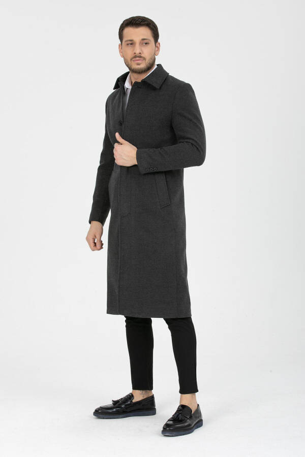 Men's Anthracite Slim Fit Long Wool Blend Shirt Collar Coat - 13