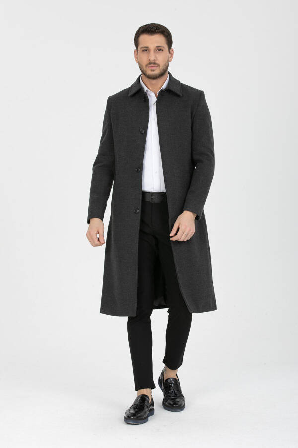 Men's Anthracite Slim Fit Long Wool Blend Shirt Collar Coat - 1