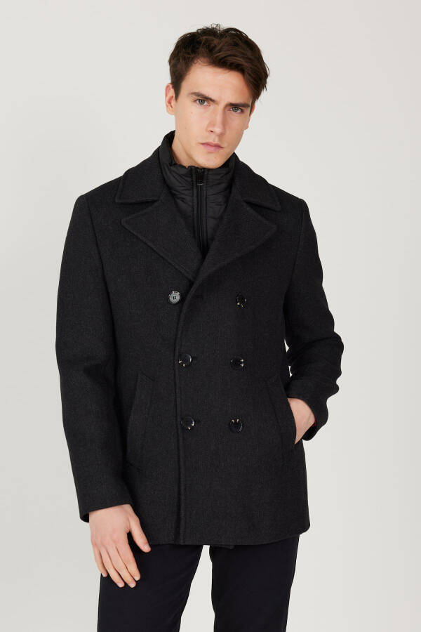 Men's Anthracite Standard Fit Regular Fit Spread Collar Wool Patterned Overcoat - 13