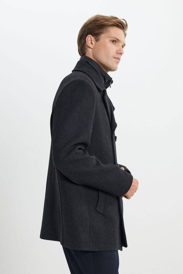 Men's Anthracite Standard Fit Regular Fit Spread Collar Wool Patterned Overcoat - 5